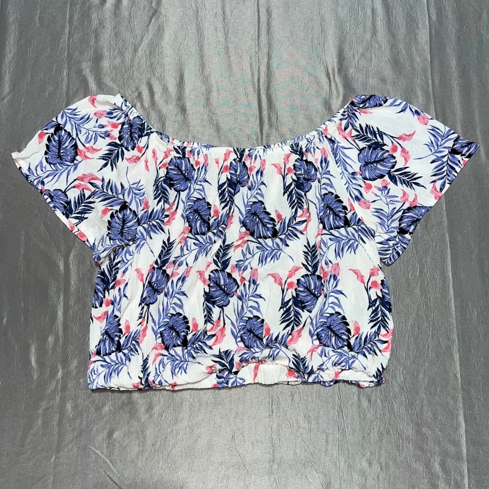 Elodie Tropical Floral Off The Shoulder Crop Top‎ Blue Pink White CTEU7505 Large